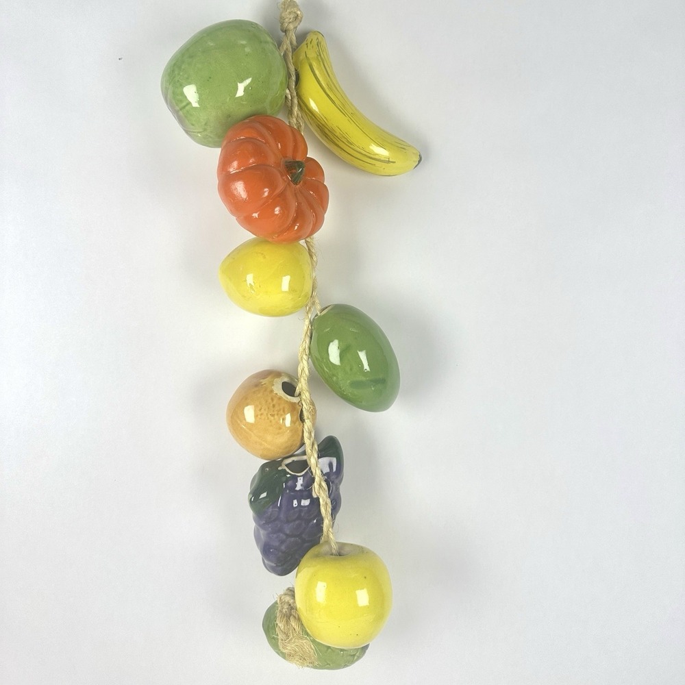 Vintage Ceramic Fruit Vegetables On A Rope Twine Hanging Decor 17"